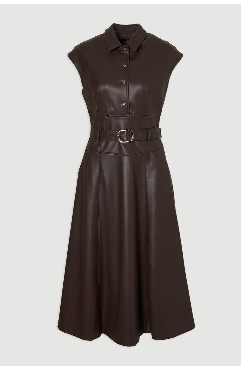 Karen Millen Faux Leather Belted Midi Dress, Alternate, color, Chocolate