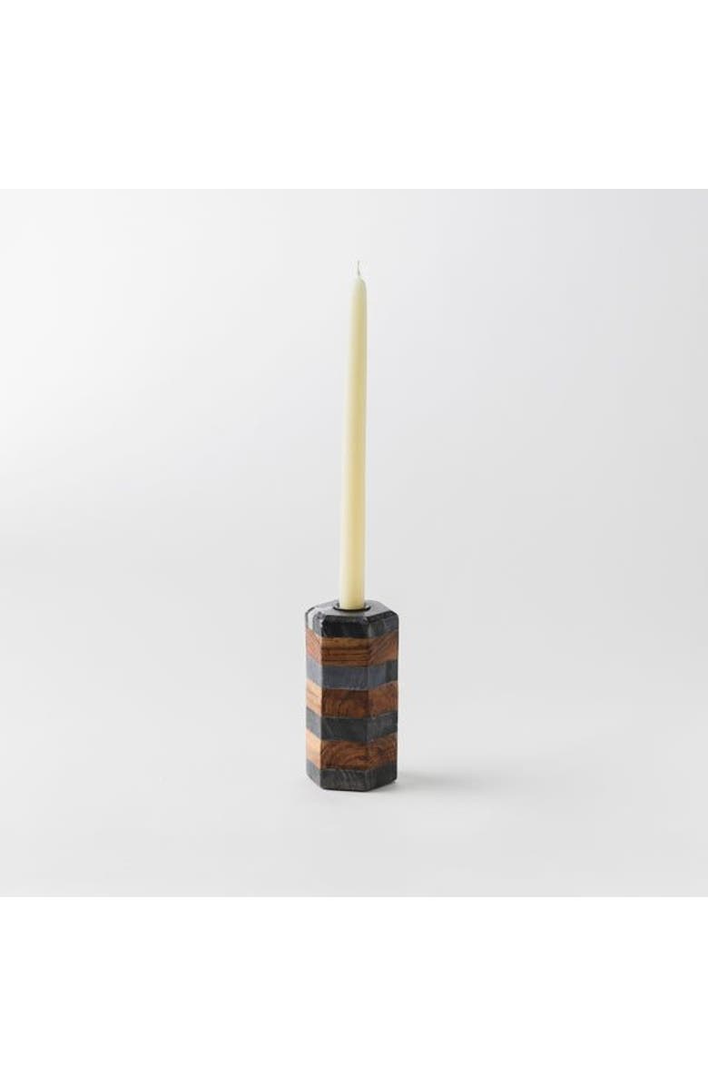 Mela Artisans Striped Marble & Acacia Candleholders, Alternate, color, Black
