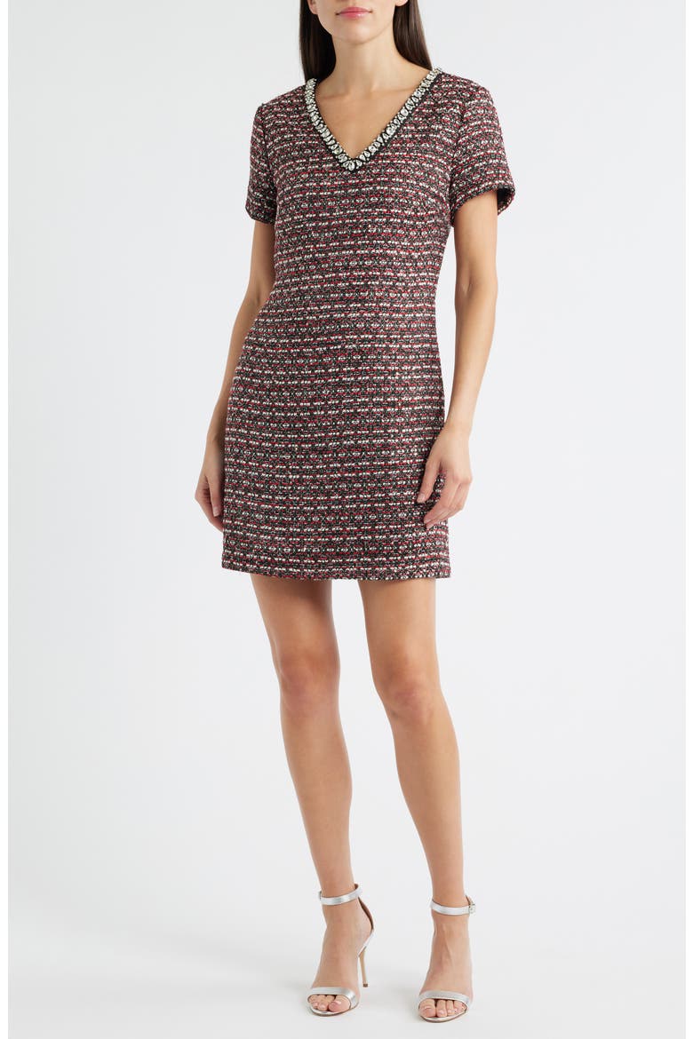 Nyah Embellished Tweed Dress, Main, color, BLACK RED