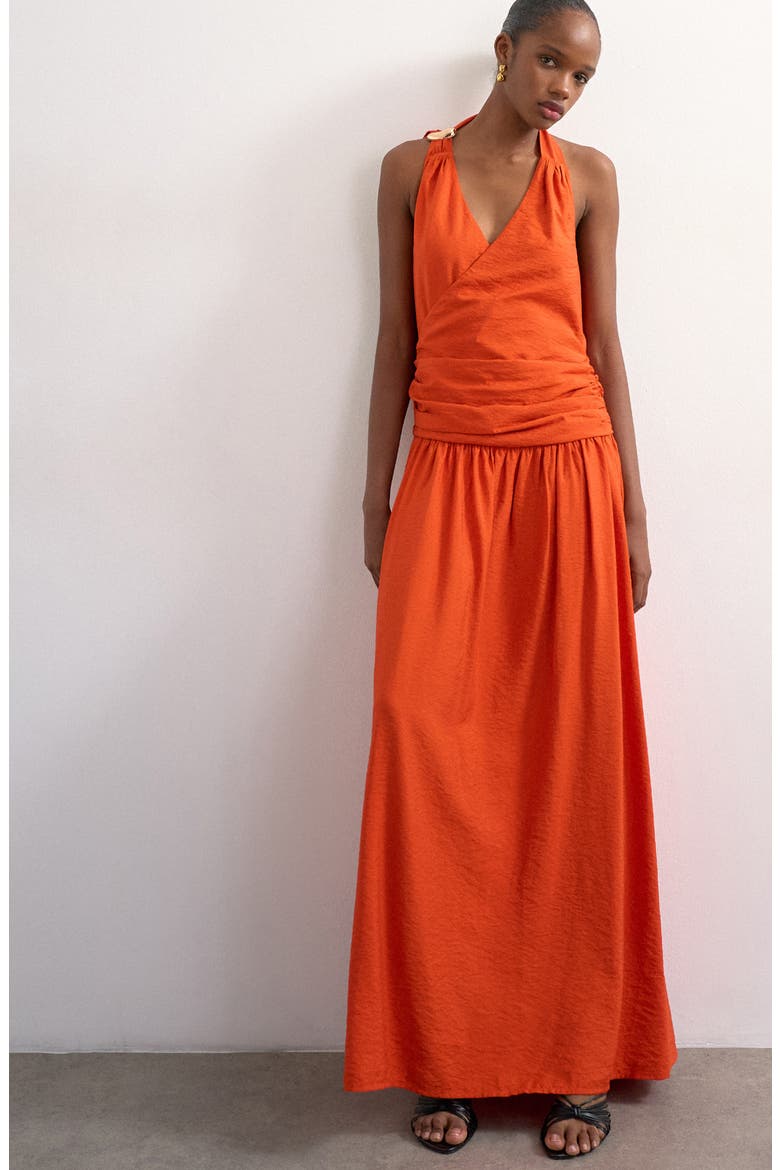 Scarf Neck Plunge Maxi Dress, Main, color, ORANGE