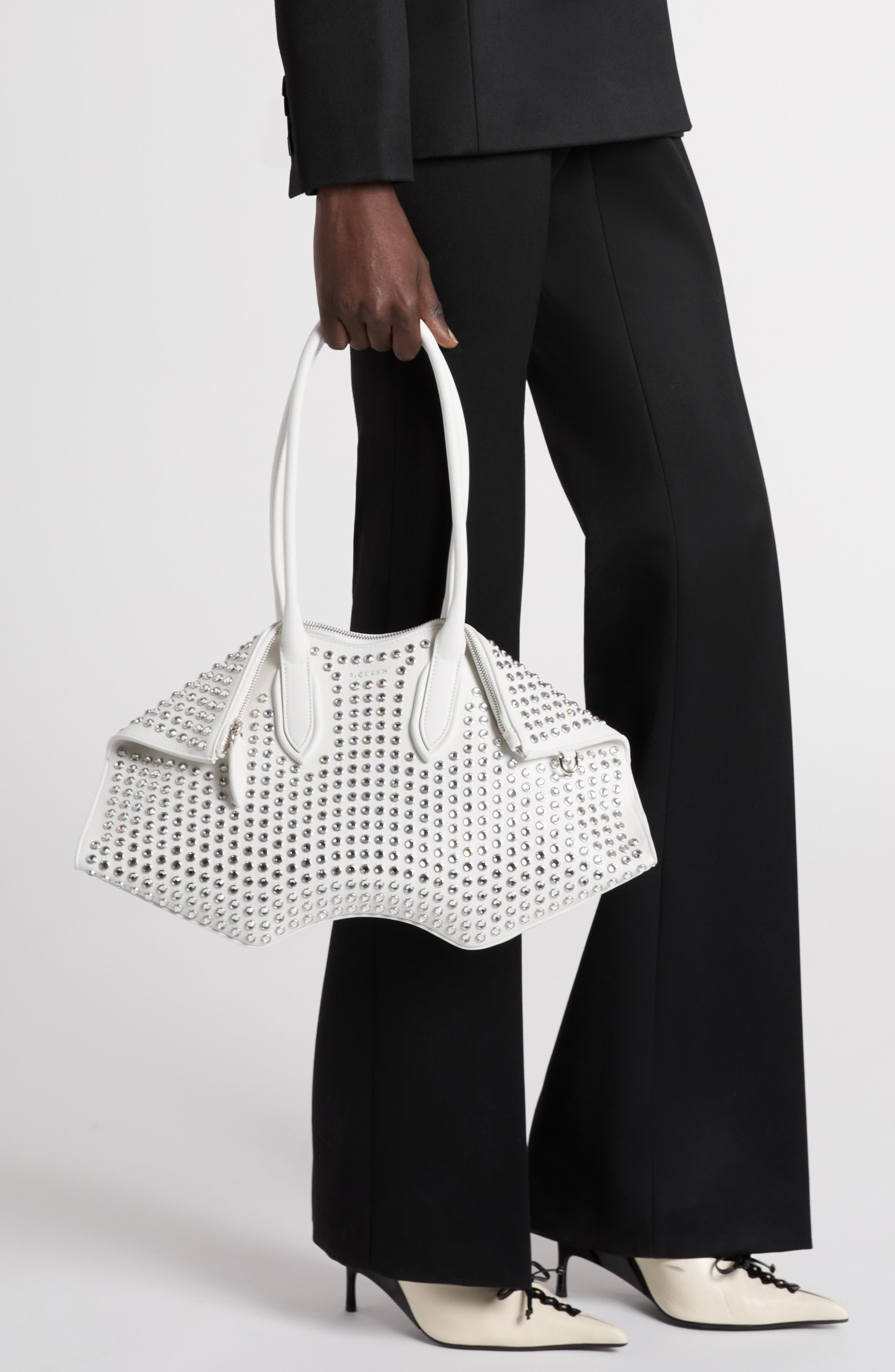 Manta Crystal Studded Leather Shoulder Bag, Alternate, color, WHITE/ SILVER