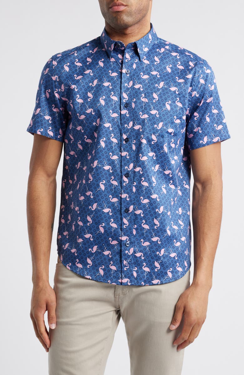 Johnston & Murphy Flamingo Print Short Sleeve Button Up Shirt, Main, color, Navy/ Pink