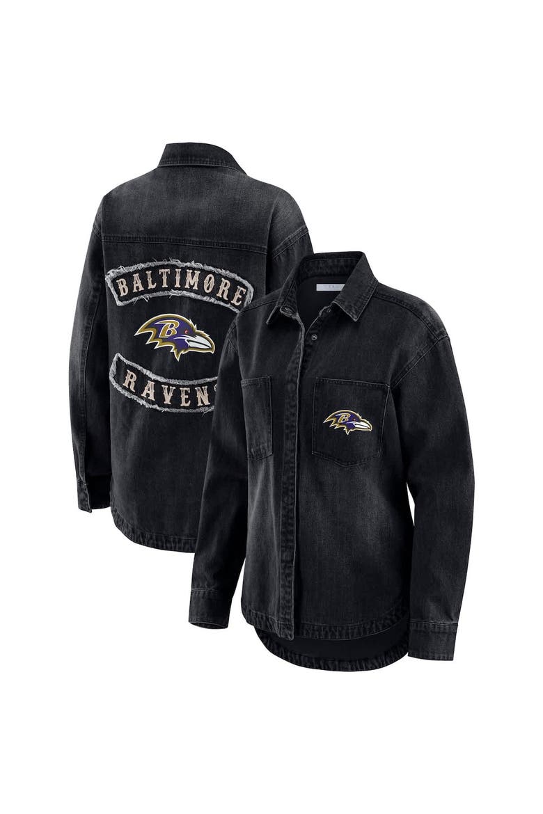 Women's WEAR by Erin Andrews Black Baltimore Ravens Washed Oversized Denim Full-Snap Shacket, Alternate, color, Black