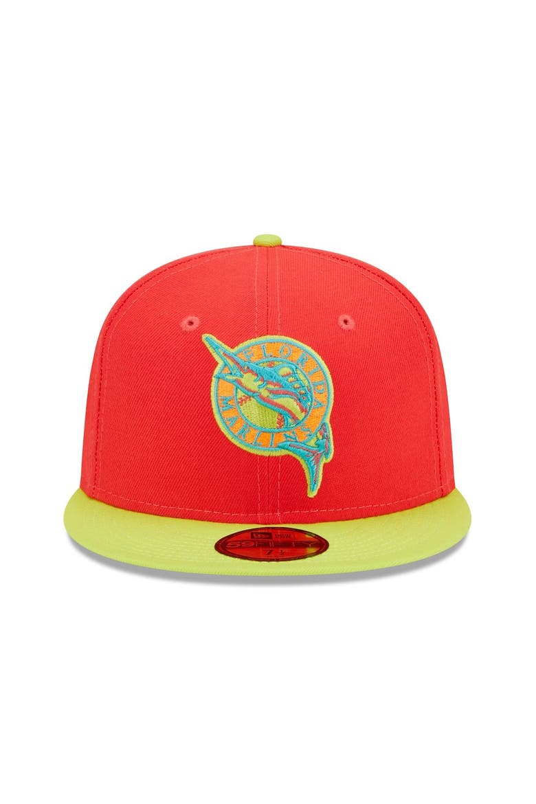 Men's New Era Red/Neon Green Florida Marlins 1993 Inaugural Season  Lava Highlighter Combo 59FIFTY Fitted Hat, Alternate, color, Red