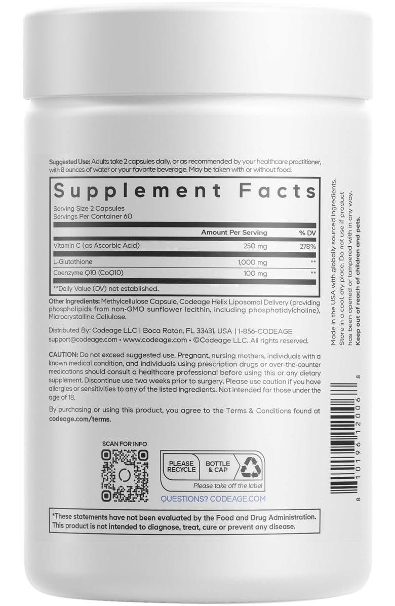 Codeage Liposomal Glutathione+ 1000mg, Vitamin C, Antioxidant Supplement, Alternate, color, White