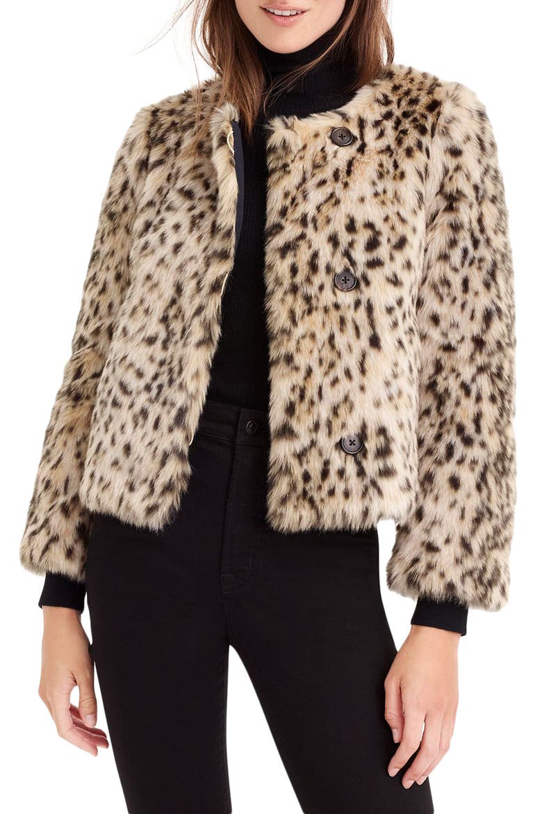 J. Crew Crop Faux Snow Leopard Fur Coat, Main, color, AMY LEOPARD
