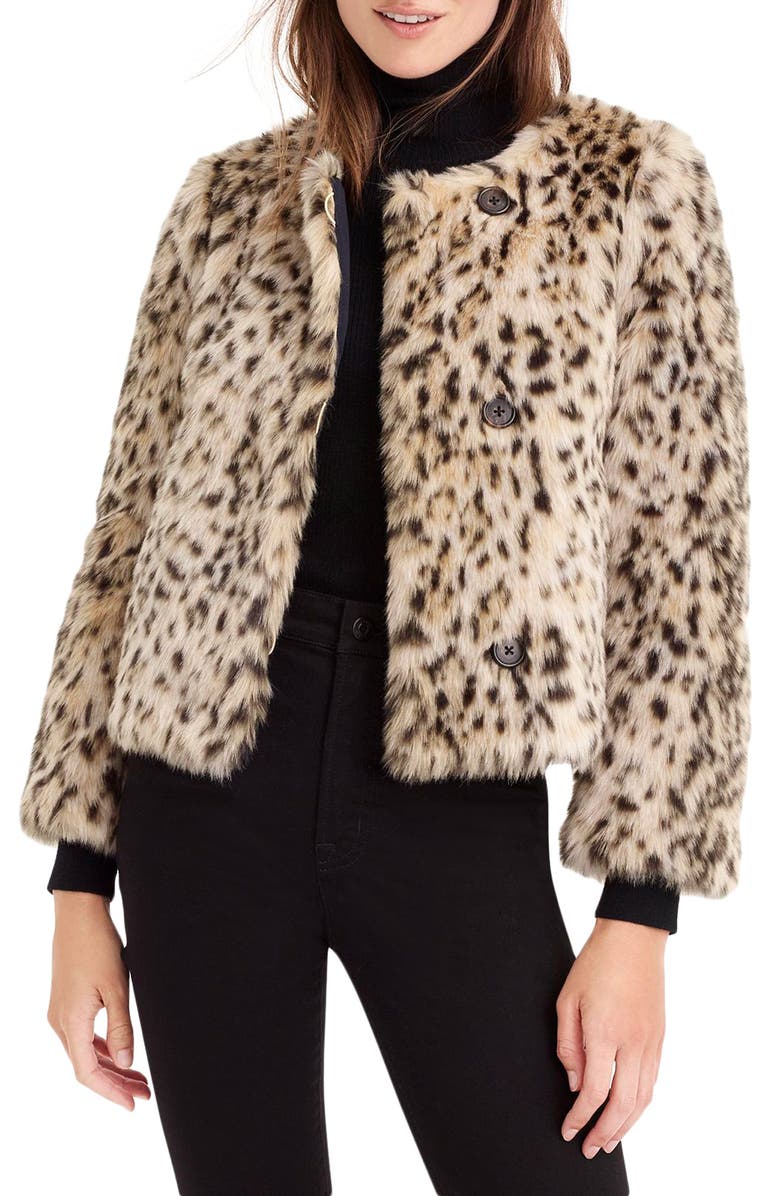J.Crew J. Crew Crop Faux Snow Leopard Fur Coat, Main, color, 