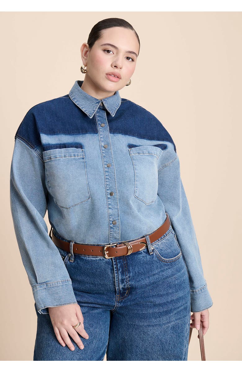 ELOQUII Denim Trucker Shirt, Main, color, Indigo With Light Wash