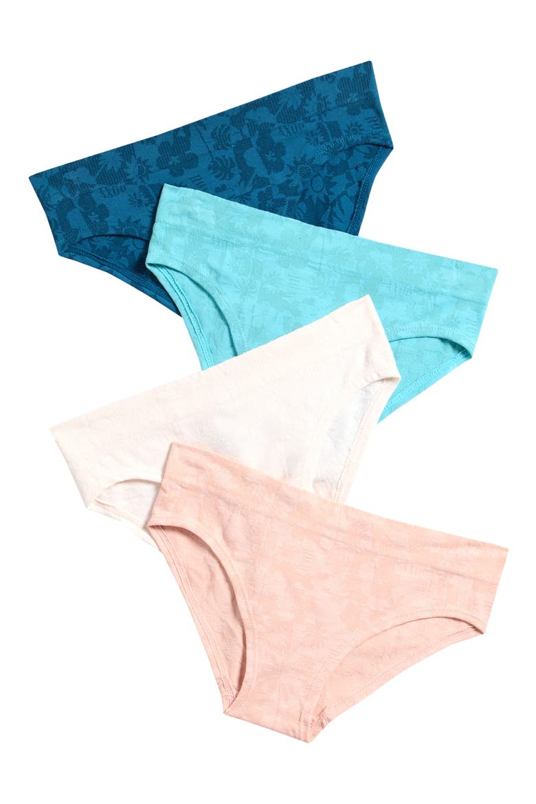 Kids' 4-Pack Seamless Jacquard Bikini Panties, Main, color, MARINO/ AQUA/ FLORAL/ PEACH