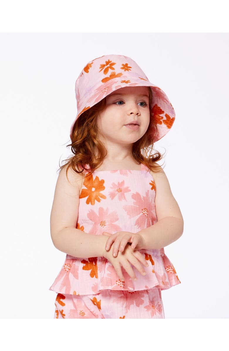Deux par Deux Little Girl's Printed Muslin Bucket Hat Pink And Coral Flowers, Alternate, color,
