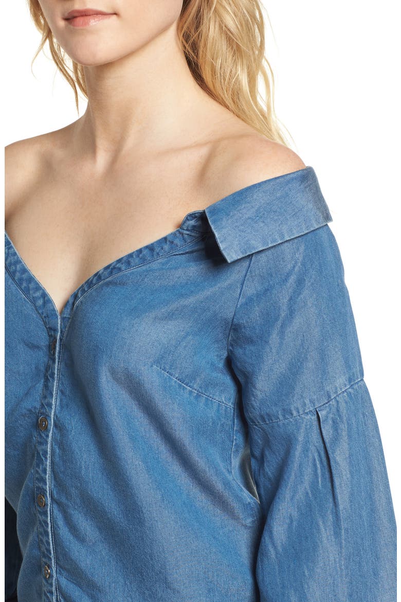 Off the Shoulder Chambray Top, Alternate, color, MED WASH