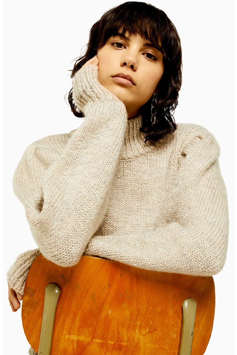 Banana Sleeve Funnel Neck Sweater, Alternate, color, BEIGE