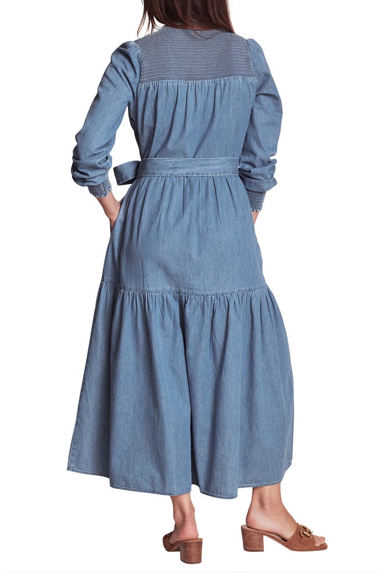 Smock Detail Long Sleeve Cotton Chambray Midi Dress, Alternate, color, LIGHT VINTAGE DENIM
