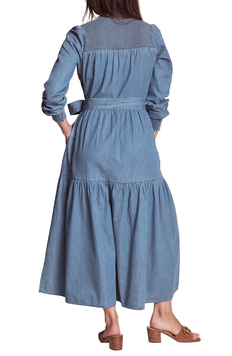 Boden Smock Detail Long Sleeve Cotton Chambray Midi Dress, Alternate, color, Light Vintage Denim