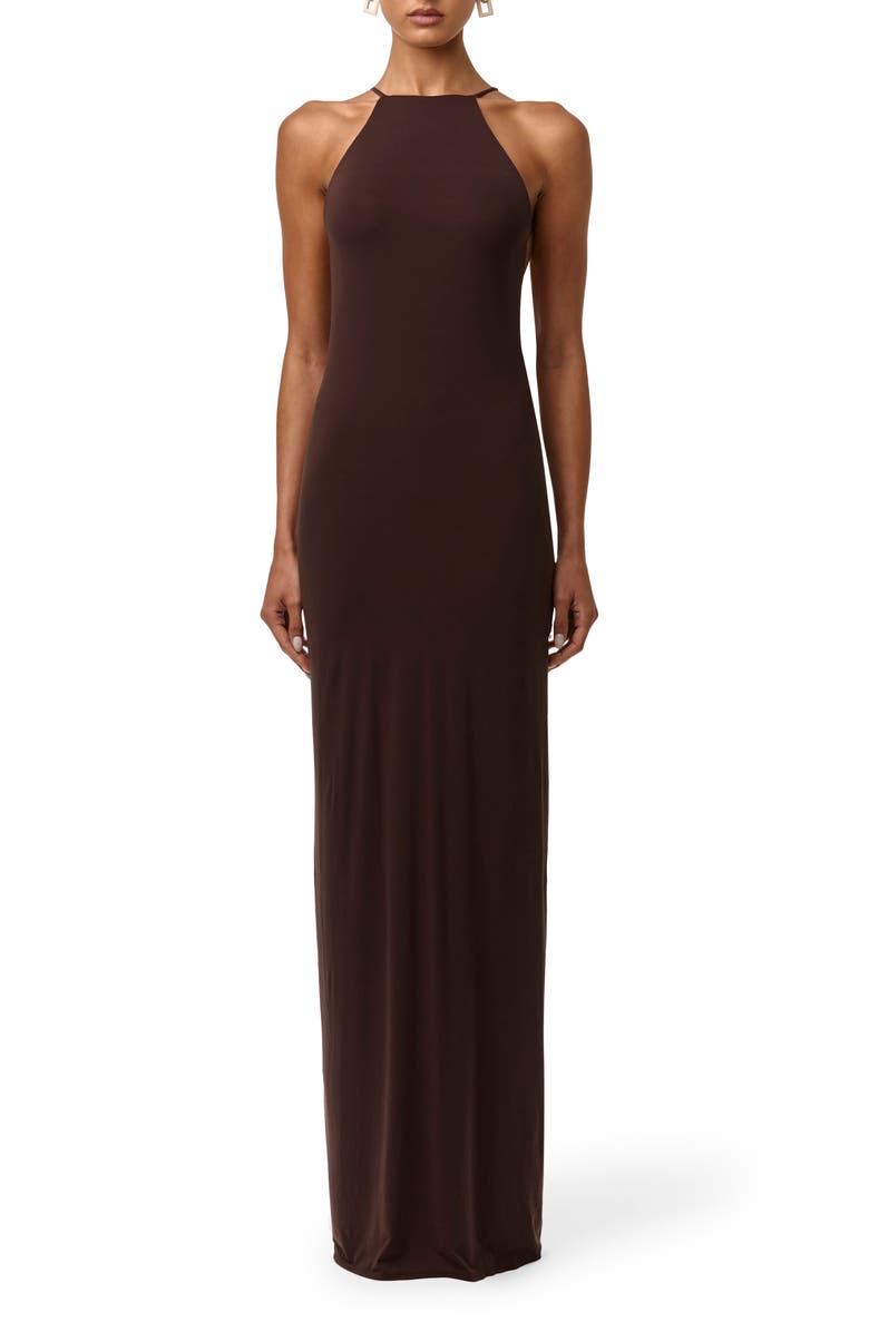 Naked Wardrobe Floral Chiffon Tassel Halter Neck Maxi Dress, Main, color, Dark Chocolate
