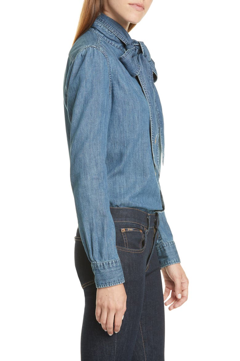Tie Neck Button-Up Denim Shirt, Alternate, color, MEDIUM INDIGO