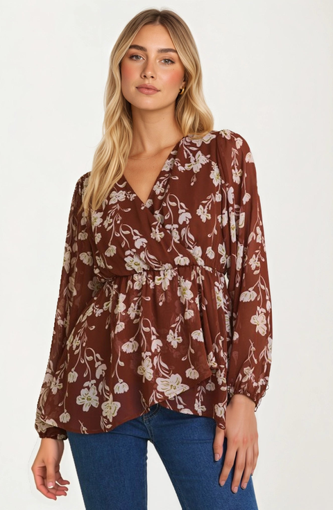 Long Sleeve Floral Empire Waist Wrap Blouse