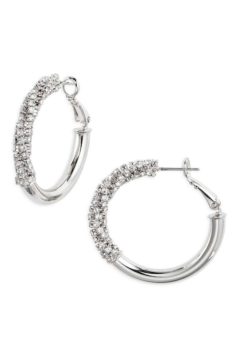 Polished Rhinestone Tube Hoop Earrings, Main, color, CLEAR- SILVER