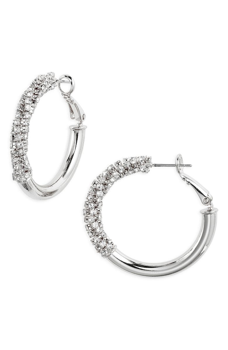 Nordstrom Polished Rhinestone Tube Hoop Earrings, Main, color, Clear- Silver