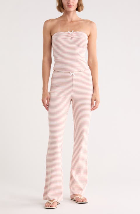 Striped Cinched Tube Top & Wide Leg Pants Set