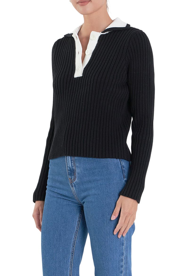 Colorblock Long Sleeve Cotton Rib Polo, Alternate, color, BLACK