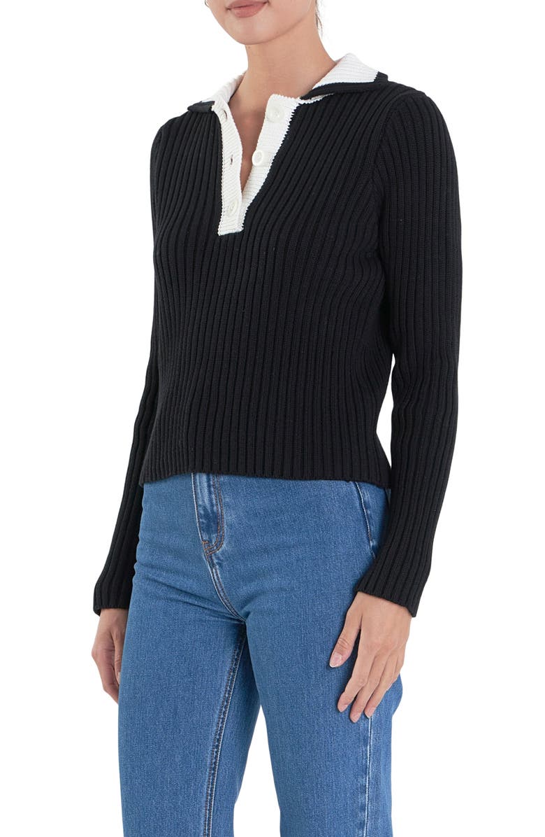 English Factory Colorblock Long Sleeve Cotton Rib Polo, Alternate, color, Black