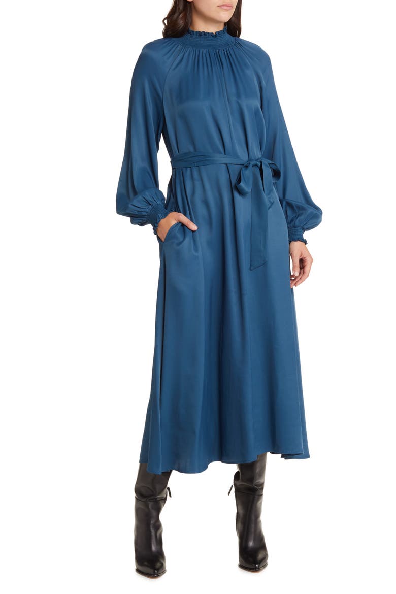 Smocked Neck Long Sleeve Dress, Main, color, BLUE CERAMIC