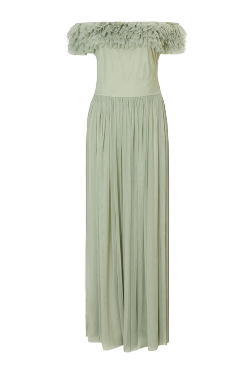 Quiz Mesh Ruffle Bardot Maxi Dress In Sage