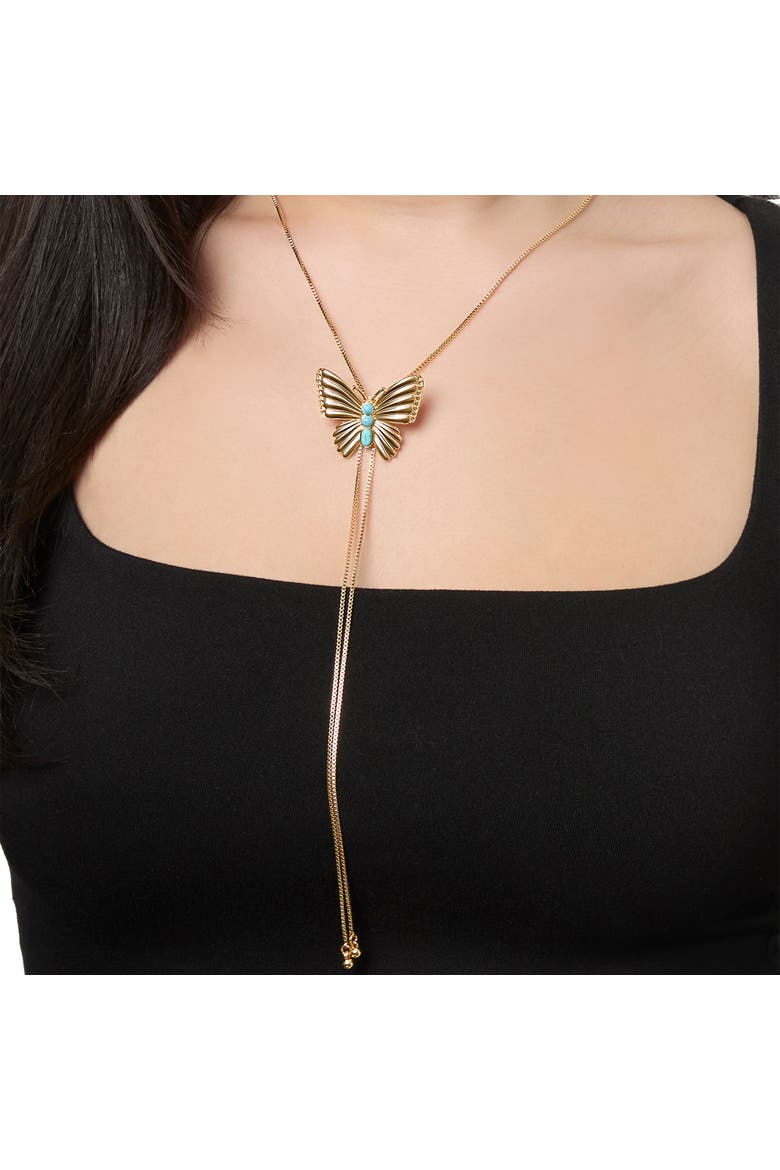 Gold-Tone Butterfly Y-Lariat Necklace with Green Crystal, Alternate, color, Gold