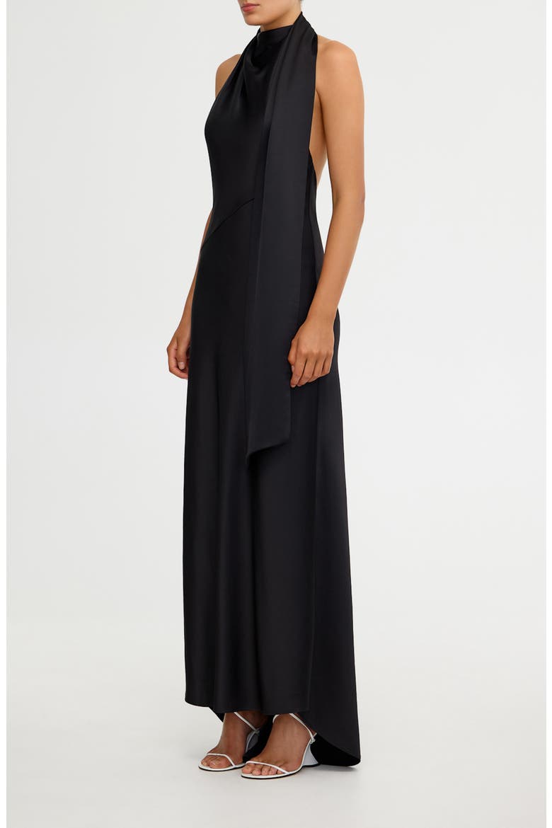 Adriana Open Back Satin Halter Gown, Alternate, color, BLACK