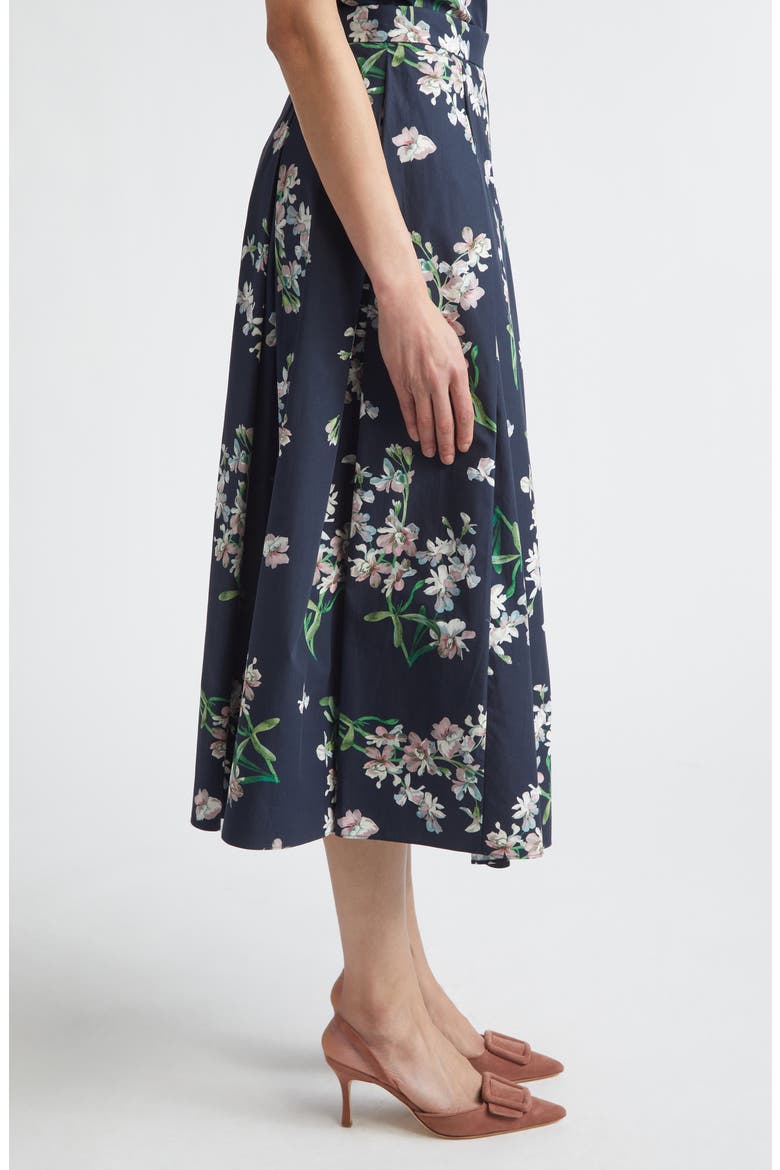 Floral Pleated Organic Cotton Poplin Midi Skirt, Alternate, color, PAINTED ORCHID NAVY