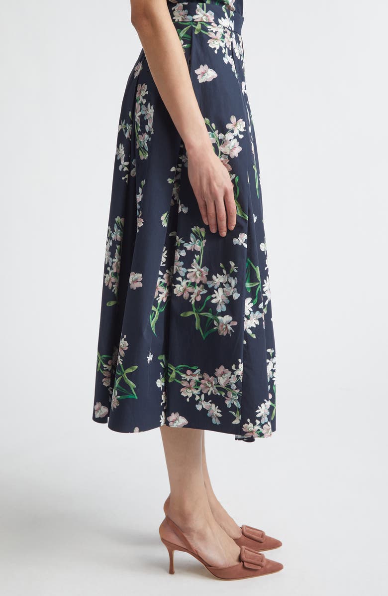 Erdem Floral Pleated Organic Cotton Poplin Midi Skirt, Alternate, color, Painted Orchid Navy