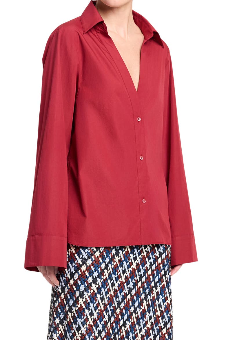 Deep V-Neck Cotton Button-Up Shirt, Alternate, color, KARANDA RED
