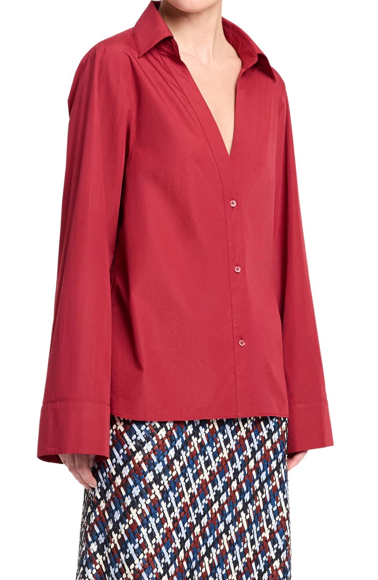 TWP Deep V-Neck Cotton Button-Up Shirt, Alternate, color, Karanda Red