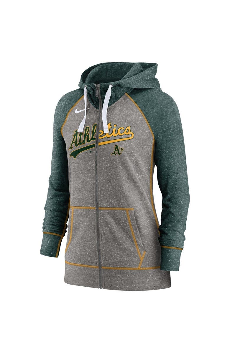 Nike Women's Nike Heathered Charcoal/Heathered Green Oakland Athletics Split Wordmark Gym Vintage Raglan Full-Zip Hoodie, Alternate, color, 