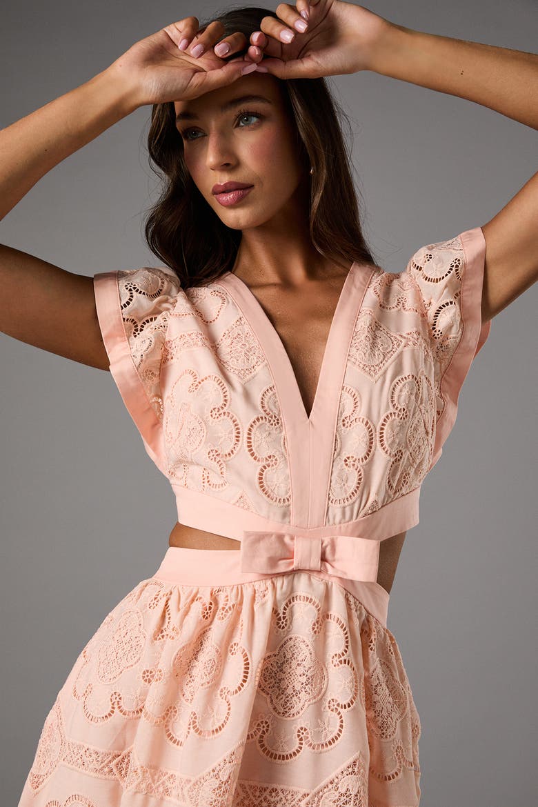 V-Neck Cut Out Lace Midi Dress, Alternate, color, Peach