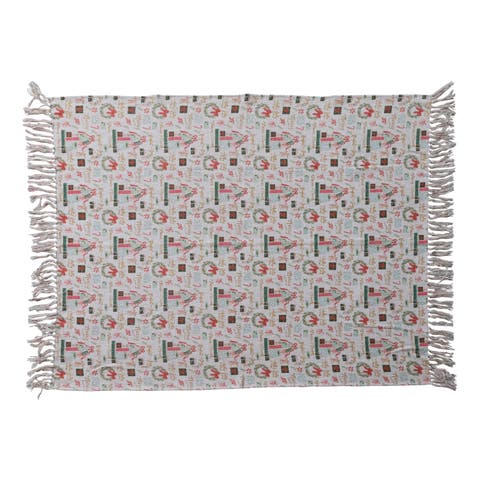 Cotton Slub Printed Throw with Holiday Pattern and Fringe, Multicolor