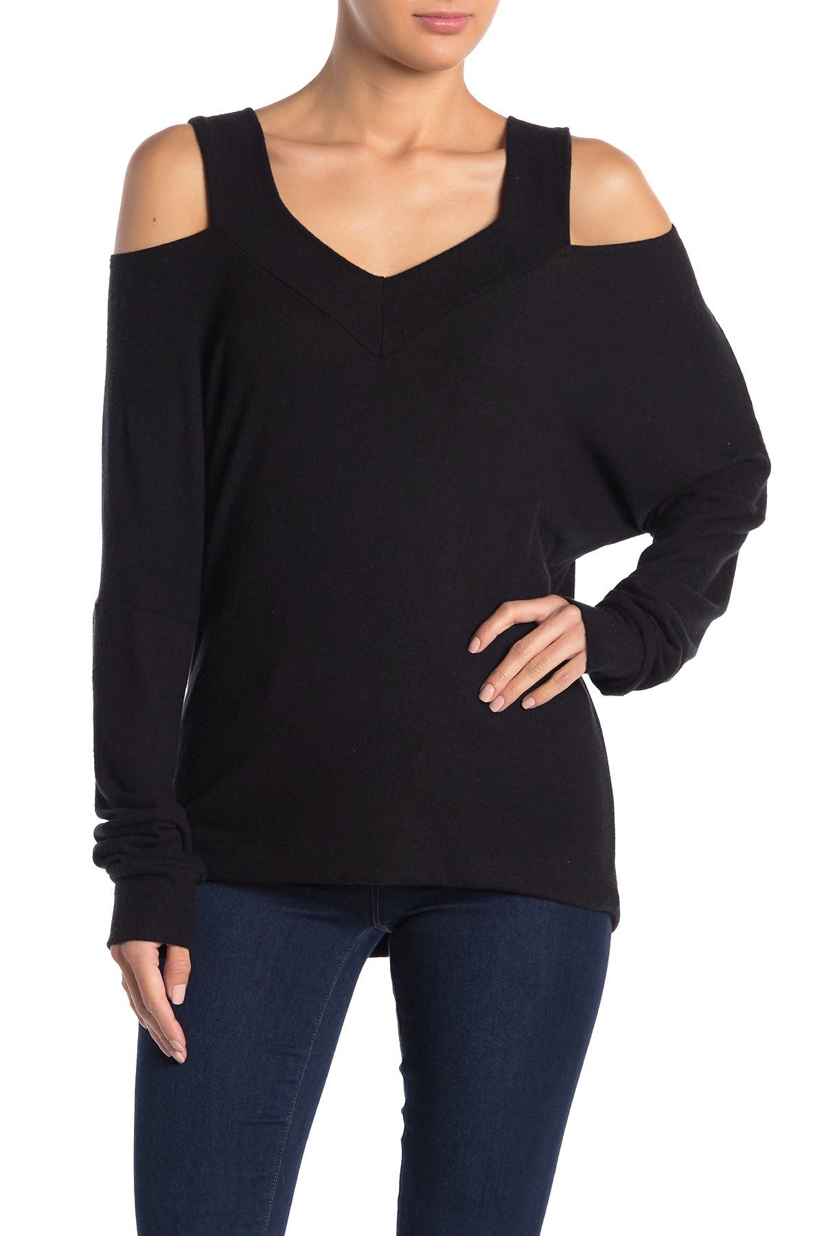 GO COUTURE V-Neck Cold Shoulder Hacci Sweater