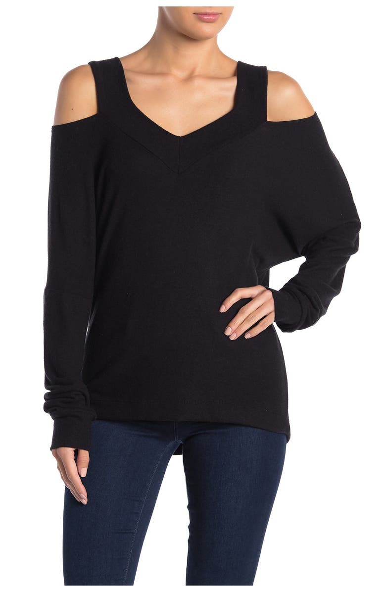 GO COUTURE V-Neck Cold Shoulder Hacci Sweater, Main, color, Black