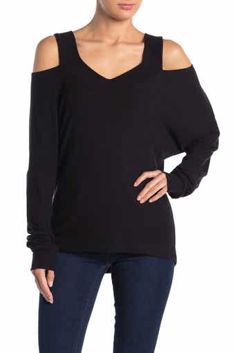 GO COUTURE V-Neck Cold Shoulder Hacci Sweater