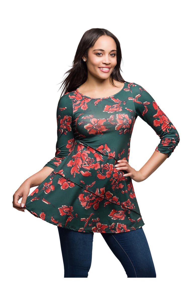 Floral Print Three Quarter Sleeve Tunic Top, Main, color, Orange Multi