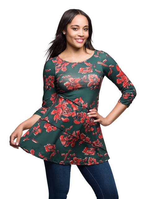 Floral Print Three Quarter Sleeve Tunic Top