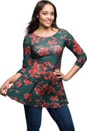 24seven Comfort Apparel Floral Print Three Quarter Sleeve Tunic Top