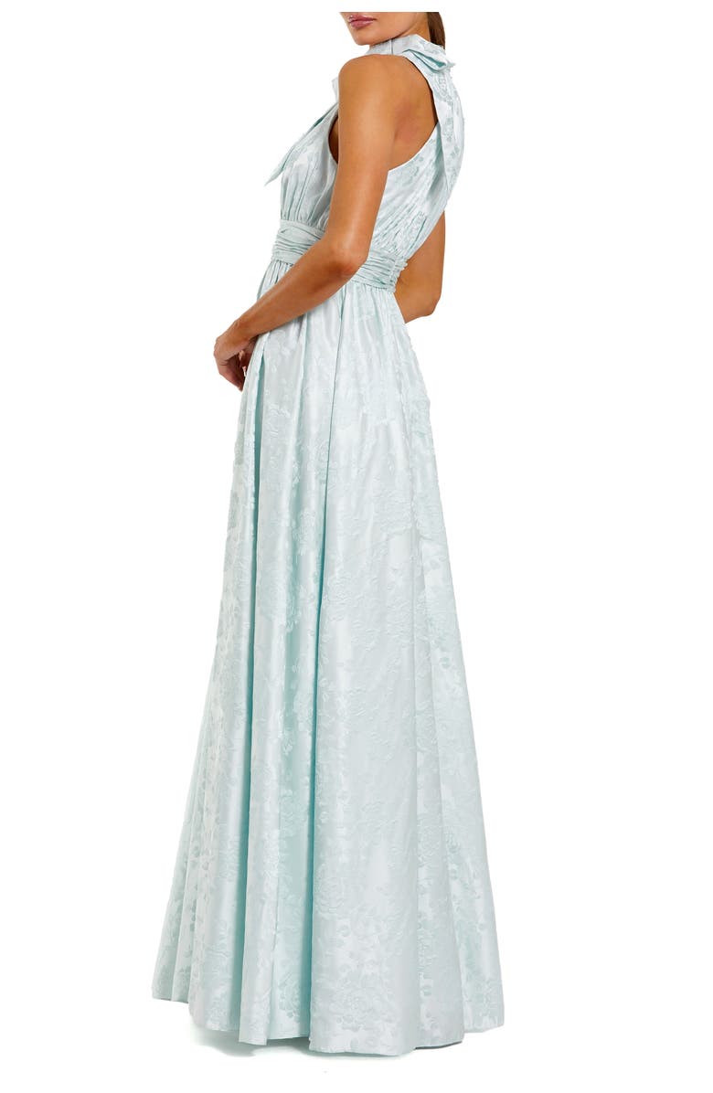 Mac Duggal Sleeveless Halter Neck Brocade Gown With Bow Detail, Alternate, color, Powder Blue