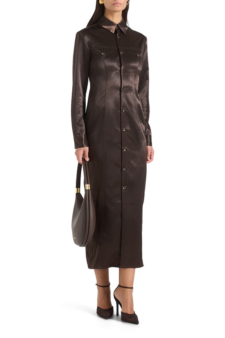Etta Crinkled Satin Midaxi Shirt Dress, Alternate, color, Dark Brown