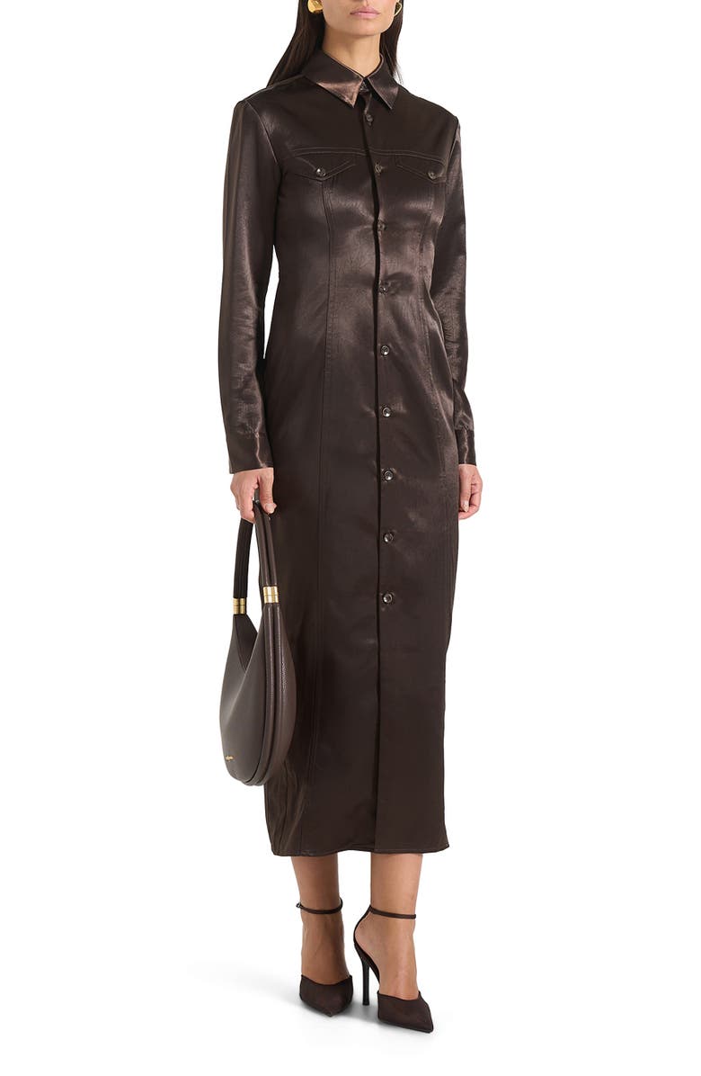 Manière De Voir Etta Crinkled Satin Midaxi Shirt Dress, Alternate, color, Dark Brown