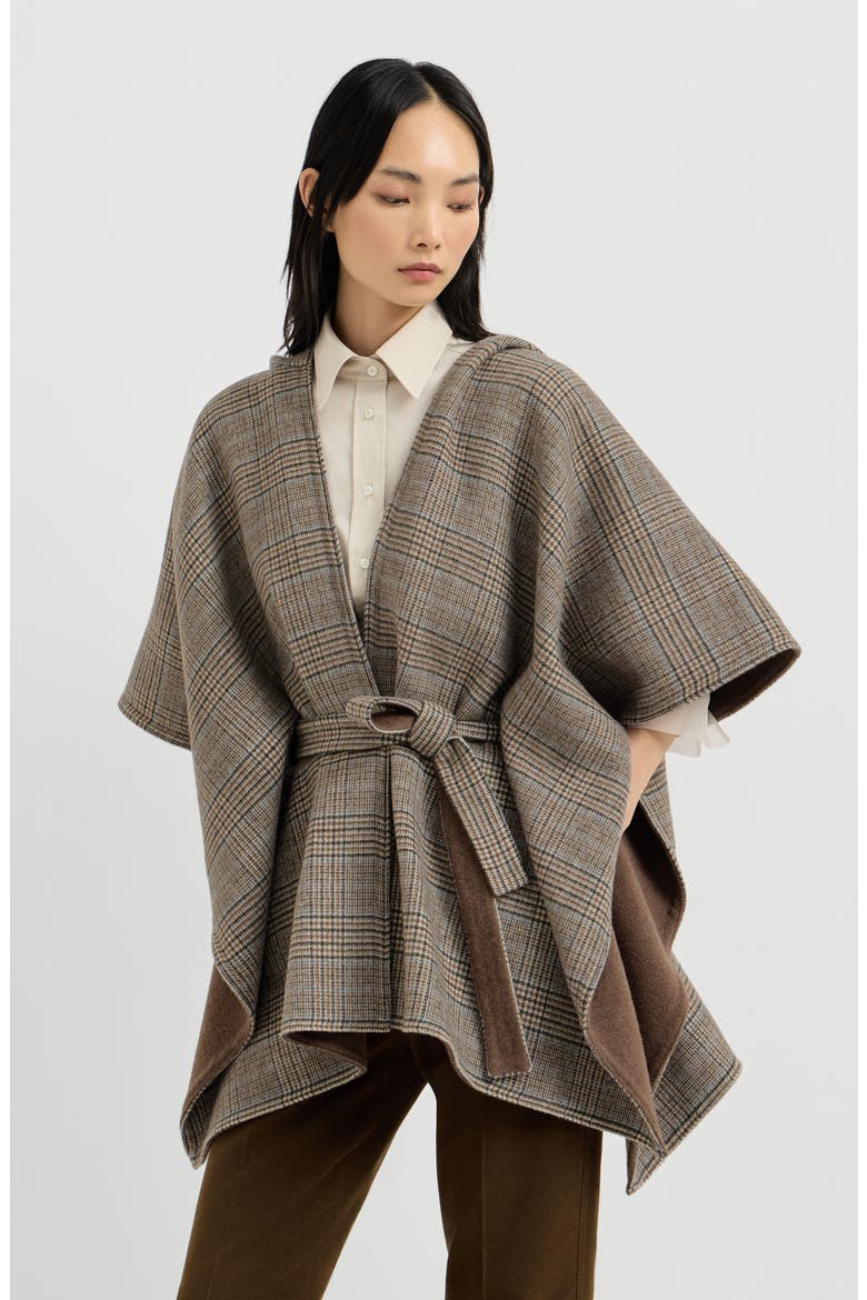 Hand-crafted reversible hooded poncho in cashmere Prince of Wales double cloth, Main, color, Brown