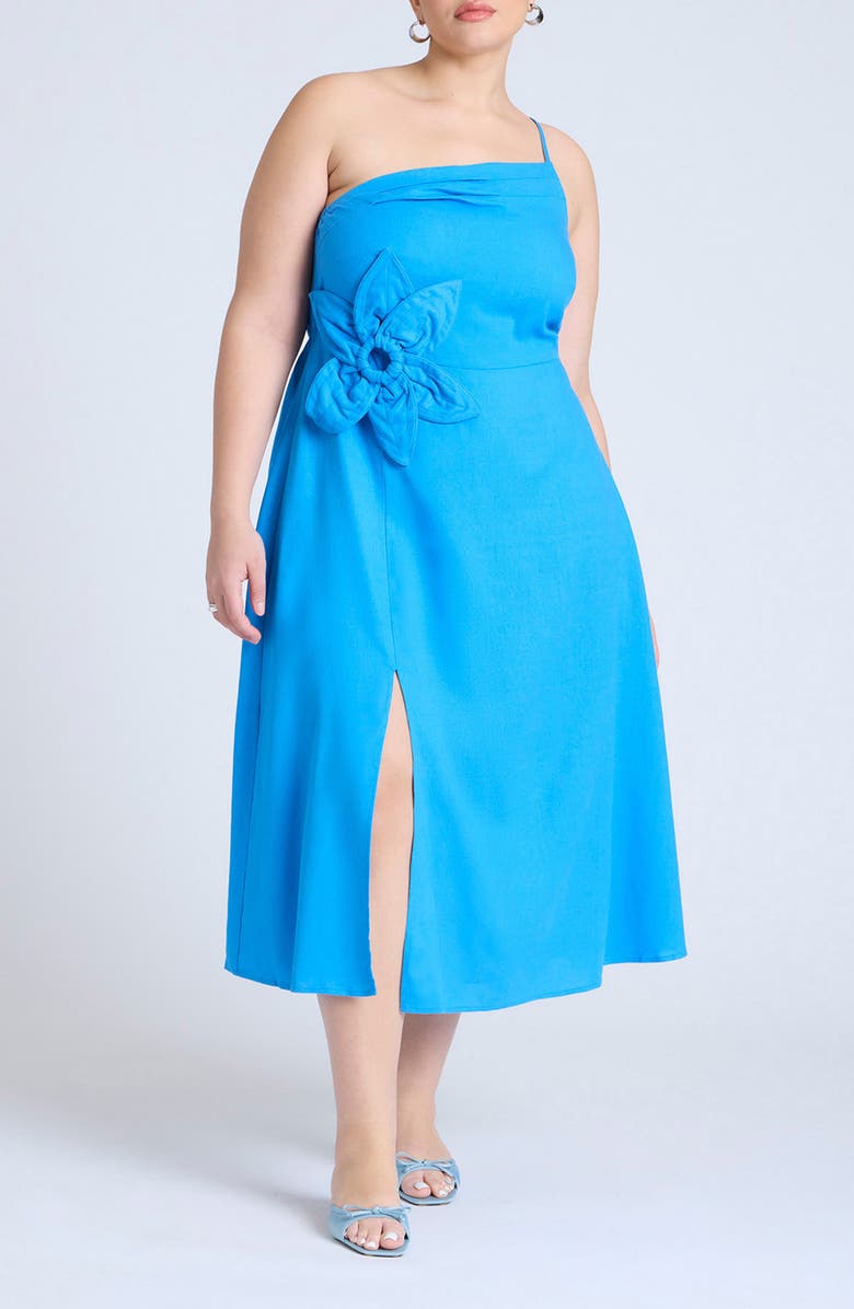 ELOQUII Flower Appliqué One-Shoulder Fit & Flare Dress, Main, color, 