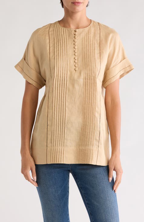 Pintuck Short Sleeve Linen Top