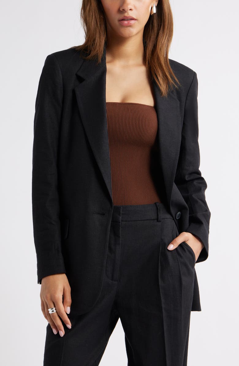 Open Edit Everyday One-Button Linen Blend Blazer, Main, color, Black